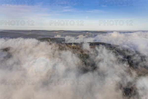 Aerial view, clouds over the Kahler Asten, Astenturm and hotel-restaurant, second highest mountain