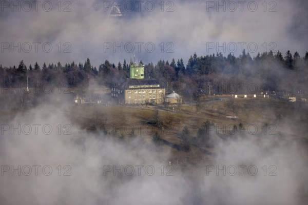 Aerial view, clouds over the Kahler Asten, Astenturm and hotel-restaurant, second highest mountain