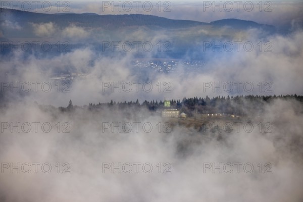 Aerial view, clouds over the Kahler Asten, Astenturm and hotel-restaurant, second highest mountain