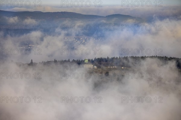 Aerial view, clouds over the Kahler Asten, Astenturm and hotel-restaurant, second highest mountain