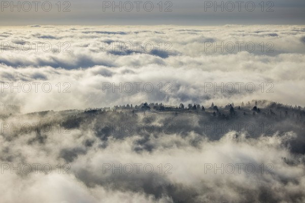 Aerial view, clouds over the Kahler Asten, Astenturm and hotel-restaurant, second highest mountain