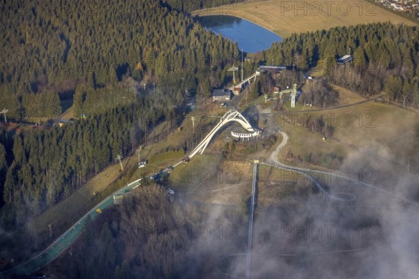 Aerial view, ski area at the St. Georg ski jump, Winterberg, Sauerland, North Rhine-Westphalia,