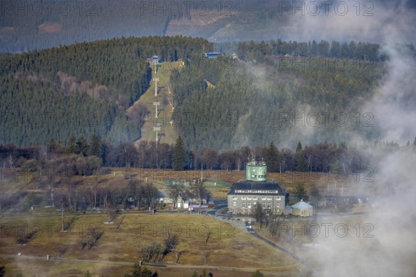 Aerial view, clouds over the Kahler Asten, Astenturm and hotel-restaurant, second highest mountain