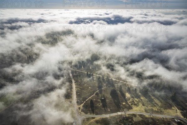 Aerial view, clouds over the Kahler Asten, highest mountain in North Rhine-Westphalia, Kahler