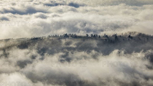 Aerial view, clouds over the Kahler Asten, Astenturm and hotel-restaurant, second highest mountain
