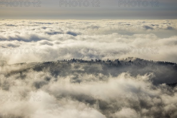 Aerial view, clouds over the Kahler Asten, Astenturm and hotel-restaurant, second highest mountain