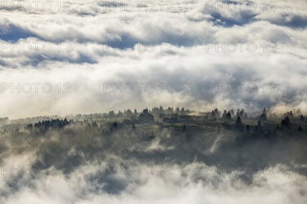 Aerial view, clouds over the Kahler Asten, Astenturm and hotel-restaurant, second highest mountain