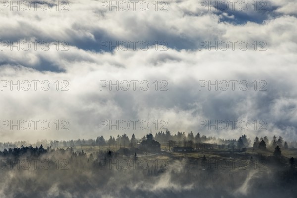 Aerial view, clouds over the Kahler Asten, Astenturm and hotel-restaurant, second highest mountain