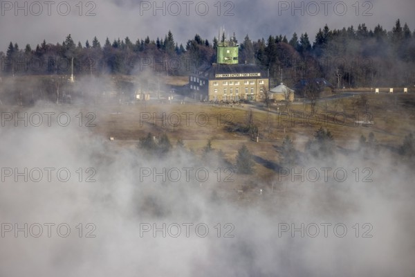 Aerial view, clouds over the Kahler Asten, Astenturm and hotel-restaurant, second highest mountain