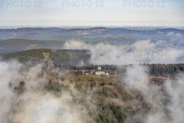 Aerial view, clouds over the Kahler Asten, Astenturm and hotel-restaurant, second highest mountain