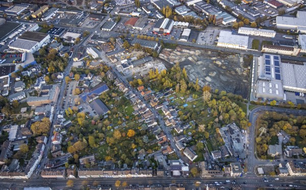 Aerial view, Rhine-Ruhr harbour Mülheim, shipping canal, Weseler Straße commercial area, Speldorf,