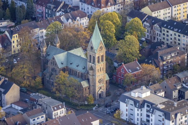 Aerial view, Herz Jesu Kirche, Broich, Mülheim an der Ruhr, Ruhr area, North Rhine-Westphalia,