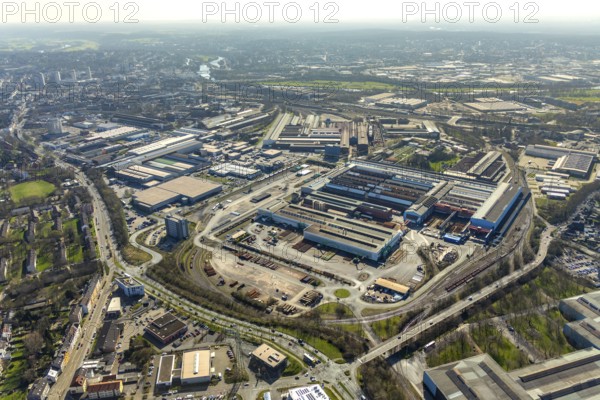 Aerial view, Vallourec Deutschland Kontiwalzwerk, Mediamarkt, Real, Metro, Gewerbegebiet,