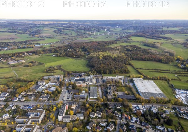 Aerial view, industrial area Solinger Straße, Kölner Straße, view to Mintarder Ruhrtalbrücke,