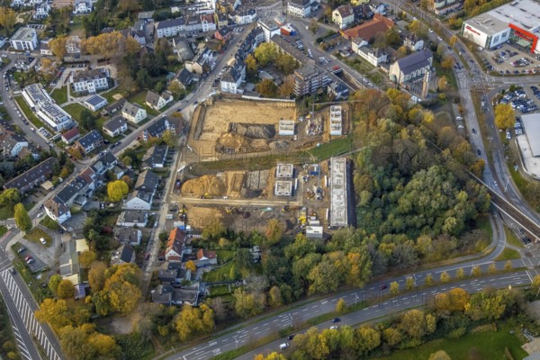Aerial view, construction site of former football pitch, new construction of detached houses, St.