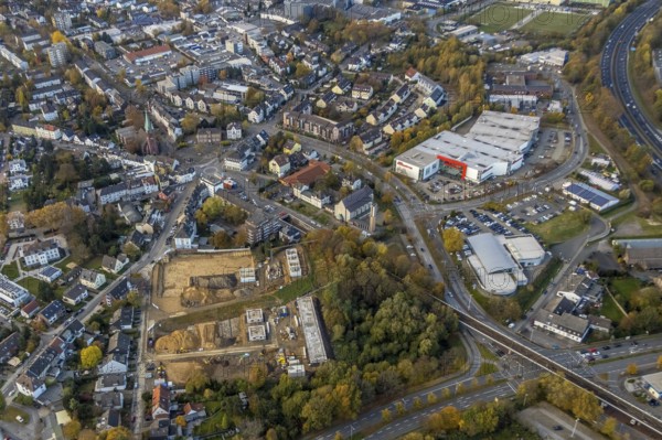 Aerial view, construction site of former football pitch, new construction of detached houses, St.