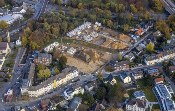 Aerial view, construction site of former football pitch, new construction of detached houses, St.