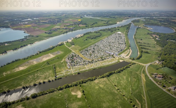 Aerial view, camping site Grav Insel am Rhein, Auesee, caravans and tents, Flürener Altrhein,