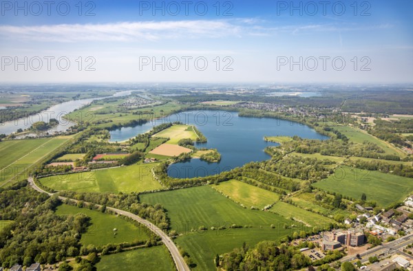 Aerial view, Auesee, Auesee lido, Nordstrand, Wesel marina, meadows and fields, Wesel, Ruhr area,