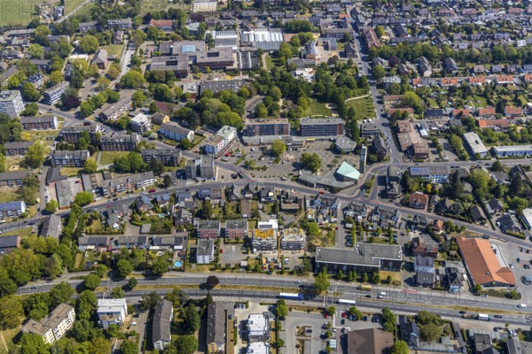Aerial view, Feldmark market square, Friedenskirche Protestant church, Springendahlstraße