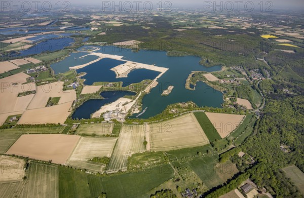 Aerial view, Diersfordter forest lake with sailing harbour, Diersfordt Castle, Wesel, Ruhr area,