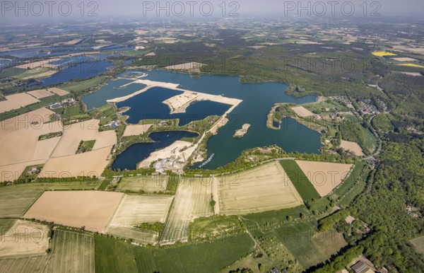 Aerial view, Diersfordter forest lake with sailing harbour, Diersfordt Castle, Wesel, Ruhr area,