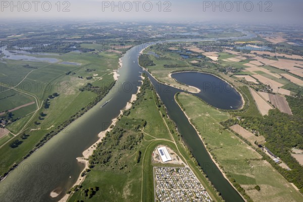 Aerial view, camping site Grav Insel am Rhein, caravans and tents, Flürener Altrhein, Wesel, Ruhr