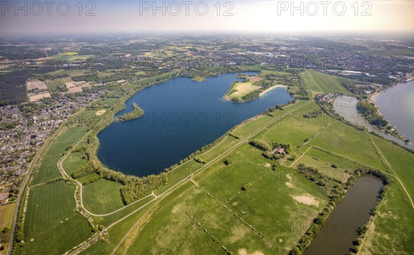 Aerial view, Auesee, Auesee lido, North lido, Wesel marina, meadows and fields, Wesel, Ruhr area,