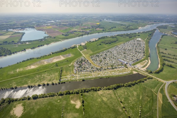 Aerial view, camping site Grav Insel on the Rhine, caravans and tents, Wesel, Ruhr area, Lower