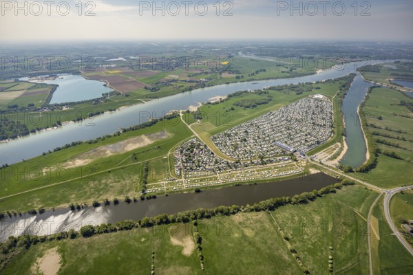 Aerial view, camping site Grav Insel on the Rhine, caravans and tents, Wesel, Ruhr area, Lower