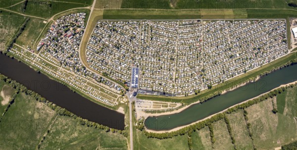 Aerial view, camping site Grav Insel on the Rhine, caravans and tents, Wesel, Ruhr area, Lower