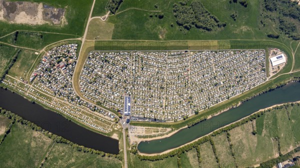 Aerial view, camping site Grav Insel on the Rhine, caravans and tents, Wesel, Ruhr area, Lower