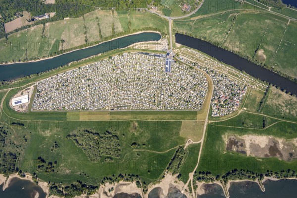 Aerial view, camping site Grav Insel on the Rhine, caravans and tents, Wesel, Ruhr area, Lower