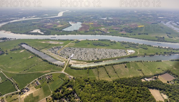 Aerial view, camping site Grav Insel on the Rhine, caravans and tents, Wesel, Ruhr area, Lower