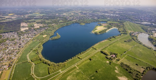 Aerial view, Auesee, Auesee lido, North lido, Wesel marina, meadows and fields, Wesel, Ruhr area,