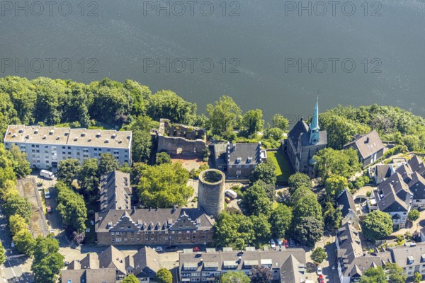 Aerial view, Wetter Castle, Evangelical-Ref. parish Wetter-Freiheit, shore Harkortsee, Alt-Wetter,