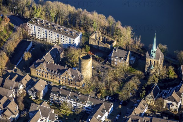 Aerial view, Wetter Castle, Wetter-Freiheit Protestant Church, Alt-Wetter, Wetter, Ruhr area, North