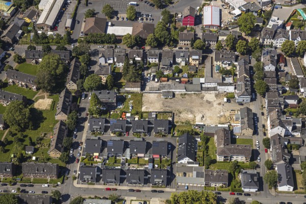 Aerial view, newly built residential buildings, area of former demolished buildings