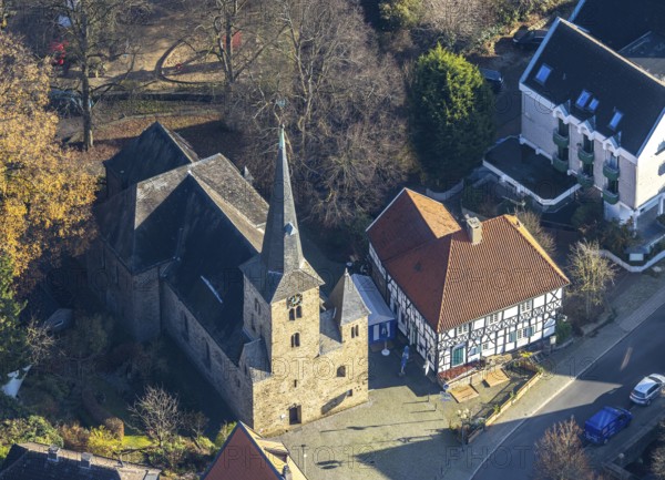 Aerial view, Protestant village church Wengern, traditional restaurant Leimkasten, Wengern, Wetter,