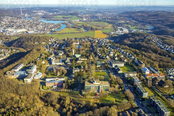 Aerial view, overview Volmarstein, forest area, Volmarstein clinics, view of Wetter with Lake