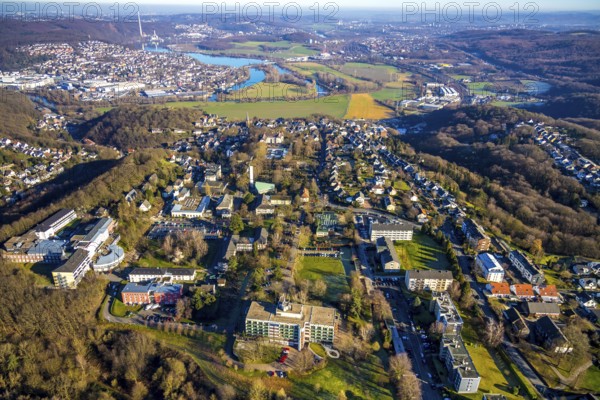 Aerial view, overview Volmarstein, forest area, Volmarstein clinics, view of Wetter with Lake