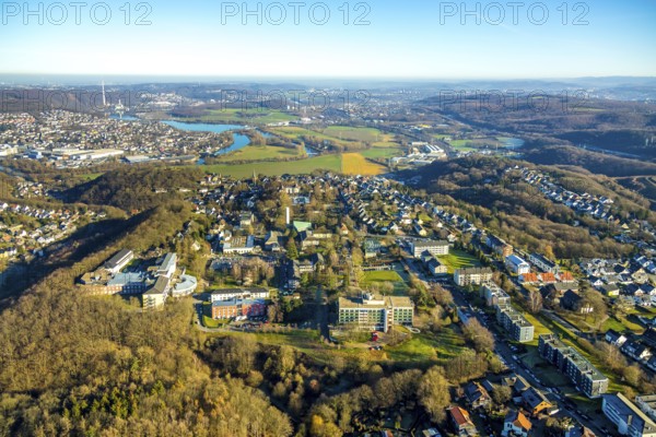 Aerial view, overview Volmarstein, clinics Volmarstein, view of Wetter with Harkortsee, forest
