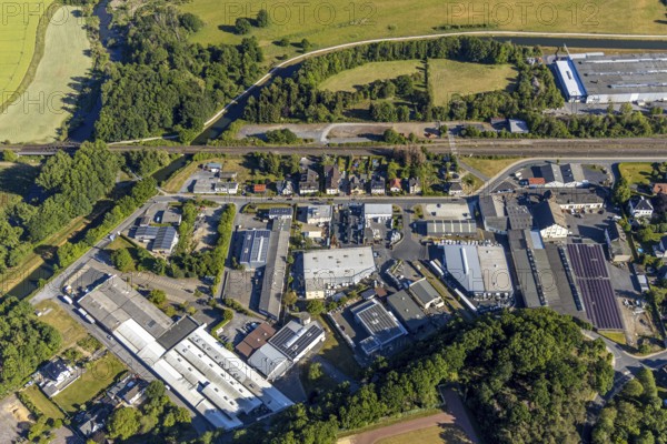 Aerial view, industrial estate Zum Ostenfeld, Ruhr river, Wickede (Ruhr), North Rhine-Westphalia,