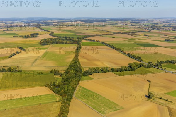 Aerial view, meadows and fields, wind turbines, Hohenwepel, Warburg, OWL, Ostwestfalen-Lippe, East