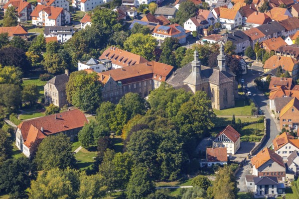 Aerial view, Willebadessen Monastery, St Vitus Parish Church, Castle Park, Willebadessen, OWL, East