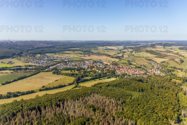 Aerial view, view of the town, Willebadessen Monastery, St Vitus Parish Church, Castle Park,