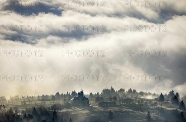 Aerial view, clouds over the Kahler Asten, Astenturm and hotel-restaurant, second highest mountain