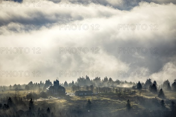 Aerial view, clouds over the Kahler Asten, Astenturm and hotel-restaurant, second highest mountain