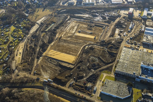 Aerial view, construction site of new Amazon logistics centre, Euziel logistics company, industrial