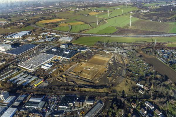 Aerial view, construction site of new Amazon logistics centre, Euziel logistics company, industrial